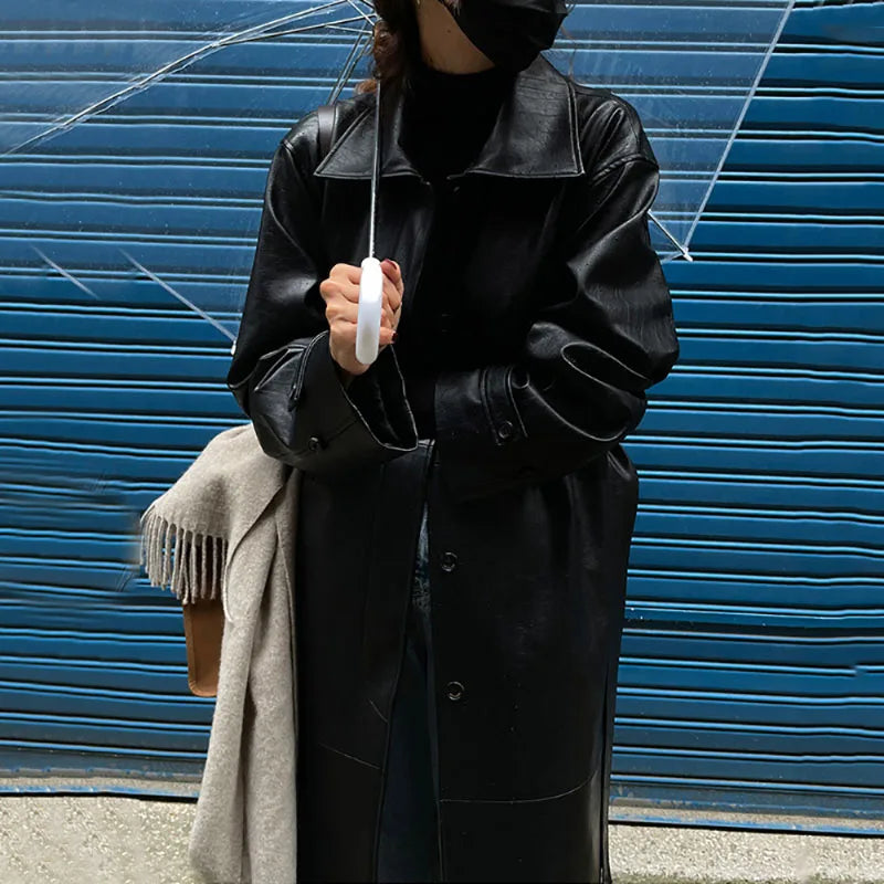 maoxiangshop - Autumn Winter Vintage Trench Coat Women New Lapel Single Breasted Loose Long PU Leather Cool Coat Fashion Classic Casual Coat