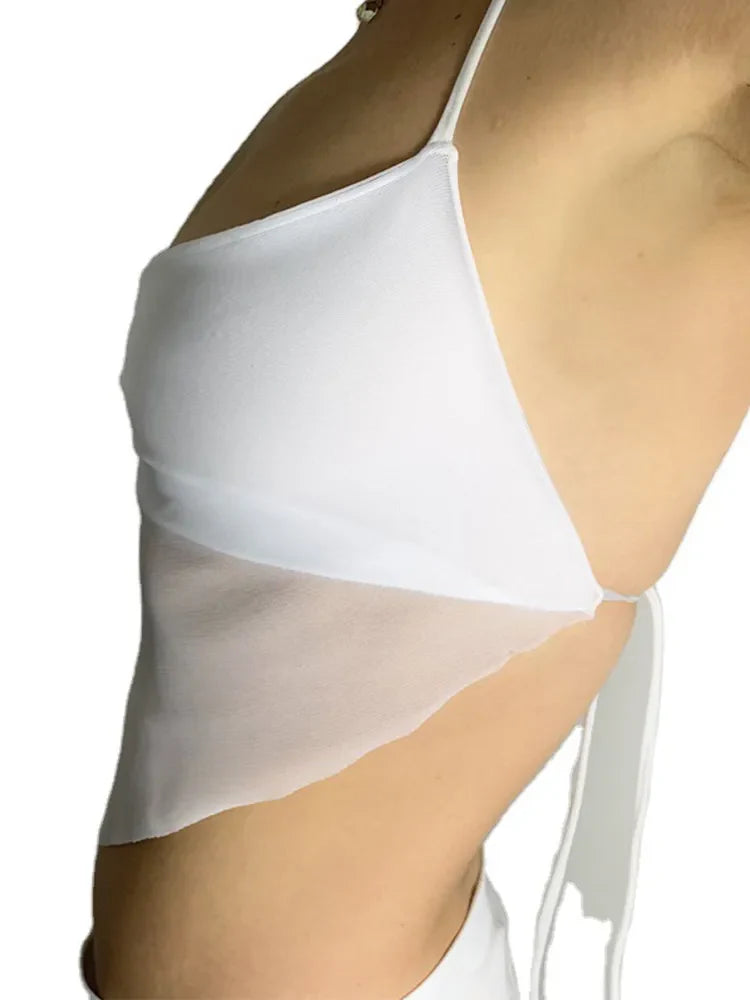 maoxiangshop Sexy Transparent y2k Mesh Halter Tops Women V-neck Backless Korean Solid Crop Tops Fashion Korean Camisole 90s Tee