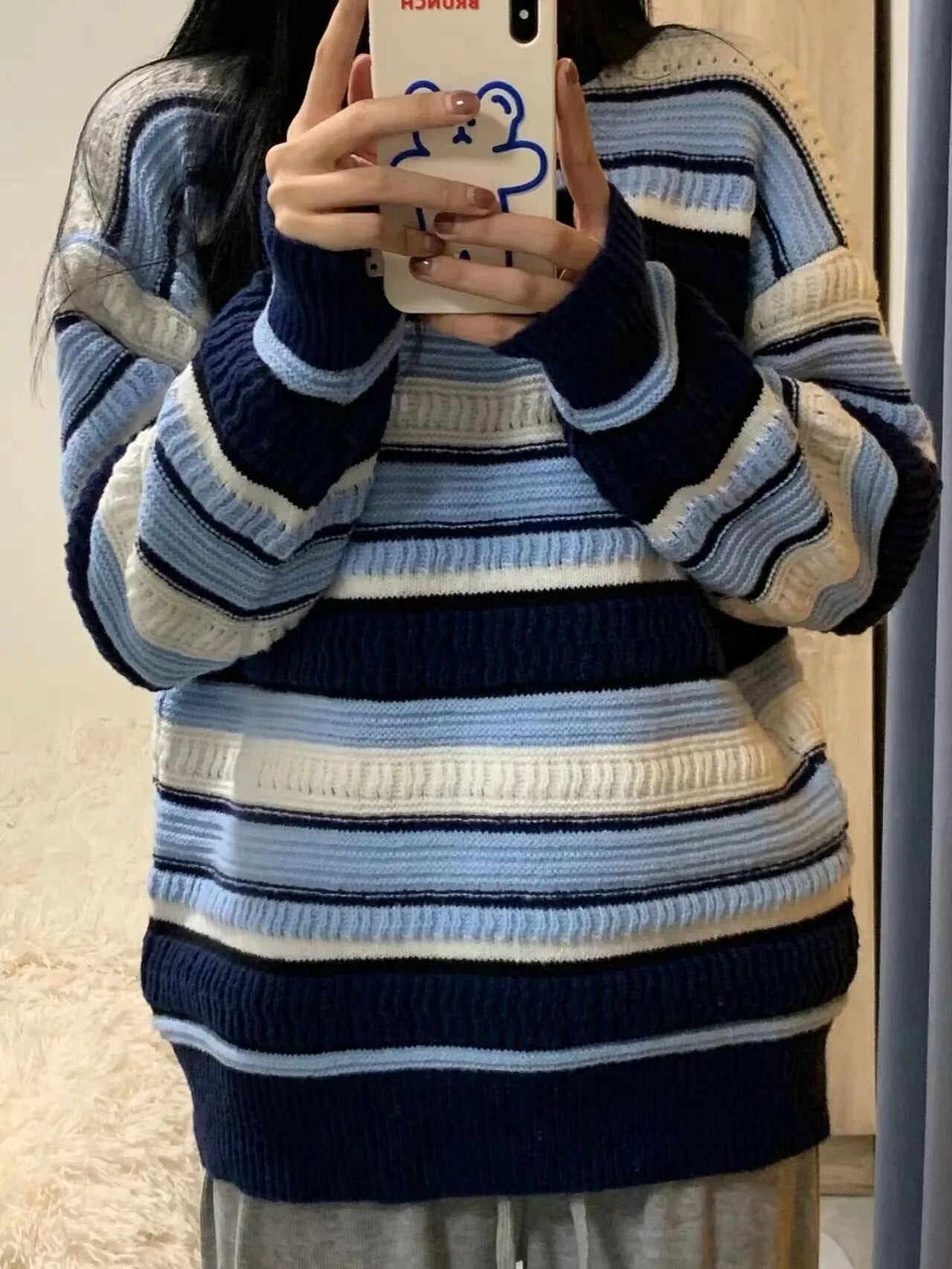 maoxiangshop Contrast Striped Pullover Women's Oversized Chunky Long Sleeve Crew Neck Sweater Knit Jumper Autumn Winter Grunge Fashion