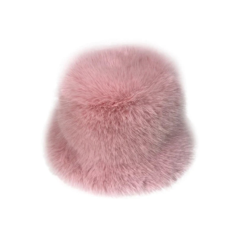 maoxiangshop - Fluffy Fur Bucket Hat for Women Imitation Mink Hair Warm Basin Cap Thickened Plush Winter Hats Lady Fashion Panama Fisherman Cap