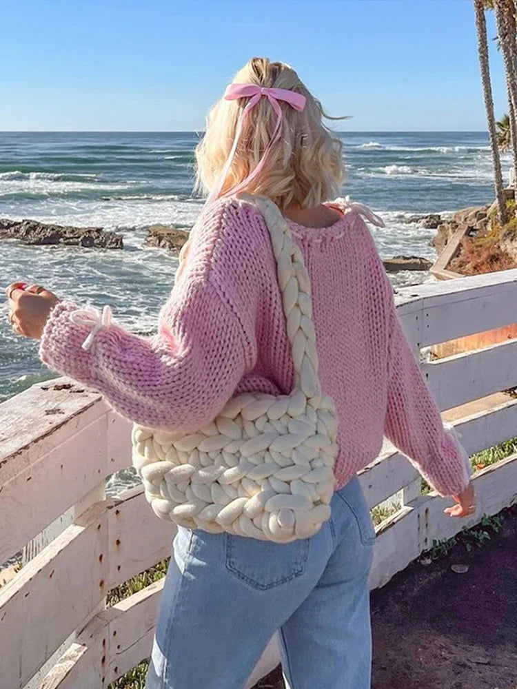 maoxiangshop - Casual Knitted Bow Contrast Women's Sweater Loose O-neck Long Sleeve Pullover 2024 Autumn Winter Sweet All-match Lady Sweater