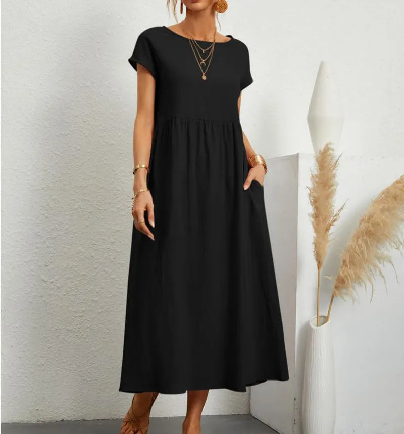 maoxiangshop Women's Elegant Solid Color Dress Summer Short Sleeve O-Neck Vintage Harajuku Cotton Linen Comfortable Loose Pocket Long Dress