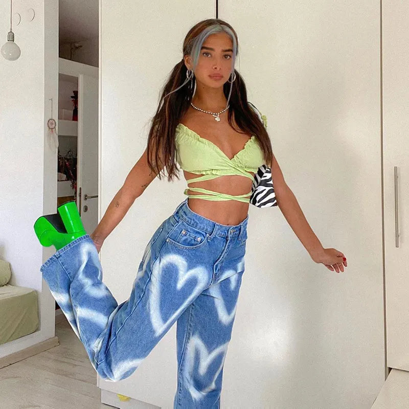 maoxiangshopBrown Baggy Girl Jeans Women Heart Print New Aesthetic Vintage 90s Streetwear Denim Trousers Low Waist Straight Pants