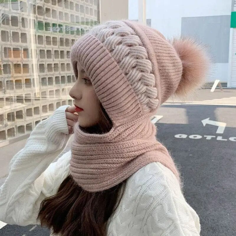maoxiangshop New Women Winter Warm Beanies Hat Scarf set Breathable Rabbit Hair Blend Knitted Hat Scarf for Women warm lining Caps
