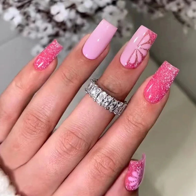 maoxiangshop 24Pcs Blue Flower False Nails Almond Cute Heart with French Design Detachable Fake Nails Artificial Press on Nails Tips Art