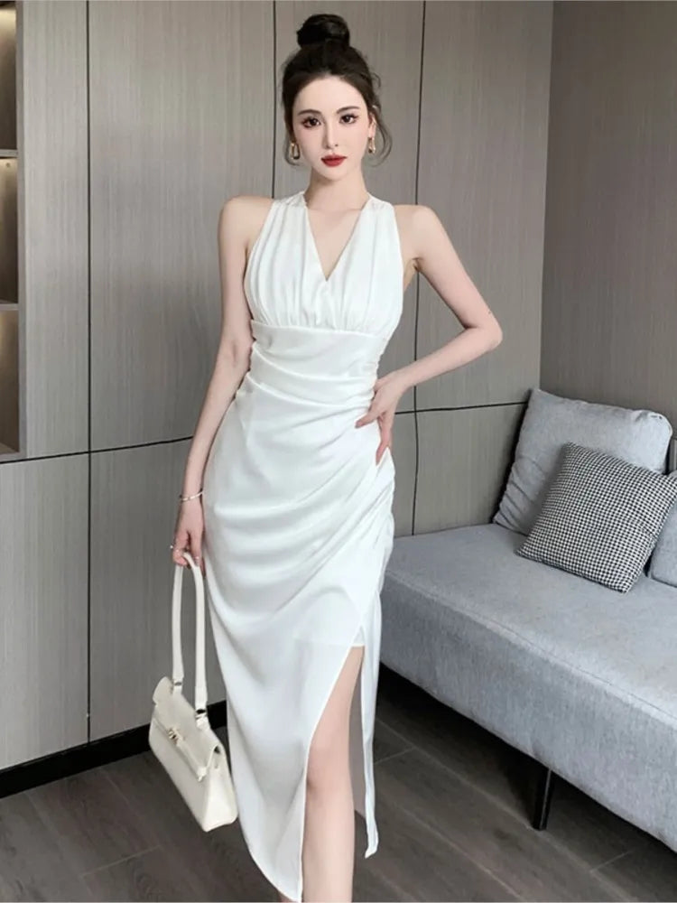 Summer Elegant Sexy V-Neck Split Bodycon Sheath Pencil Dress Women Pleated White Party Dresses Female Work Clothes