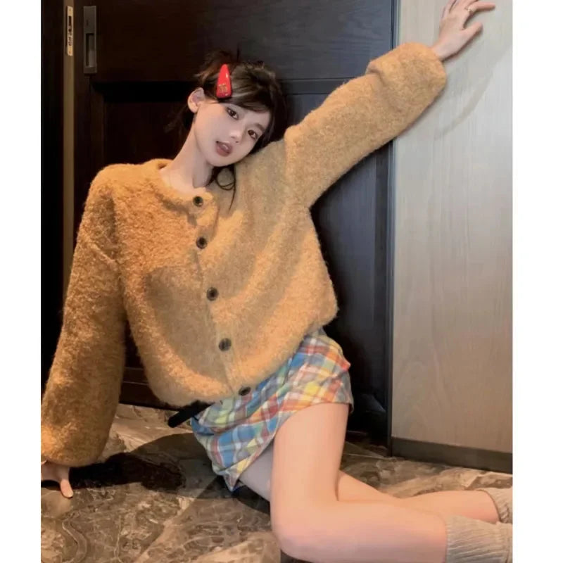 maoxiangshop - Solid Yellow Knit Sweater Cardigan Women Autumn Soft Sweet Slouchy Long Sleeve Round Neck Cute Schoolgirl Daily Loose Outerwear