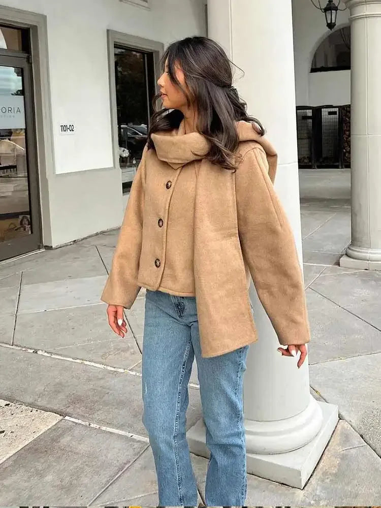 maoxiangshop - Chic Scarf Collar Women Short Coats Women Casual Single Breasted Long Sleeve Jackets 2024 Autumn New Lady High Street Outerwear