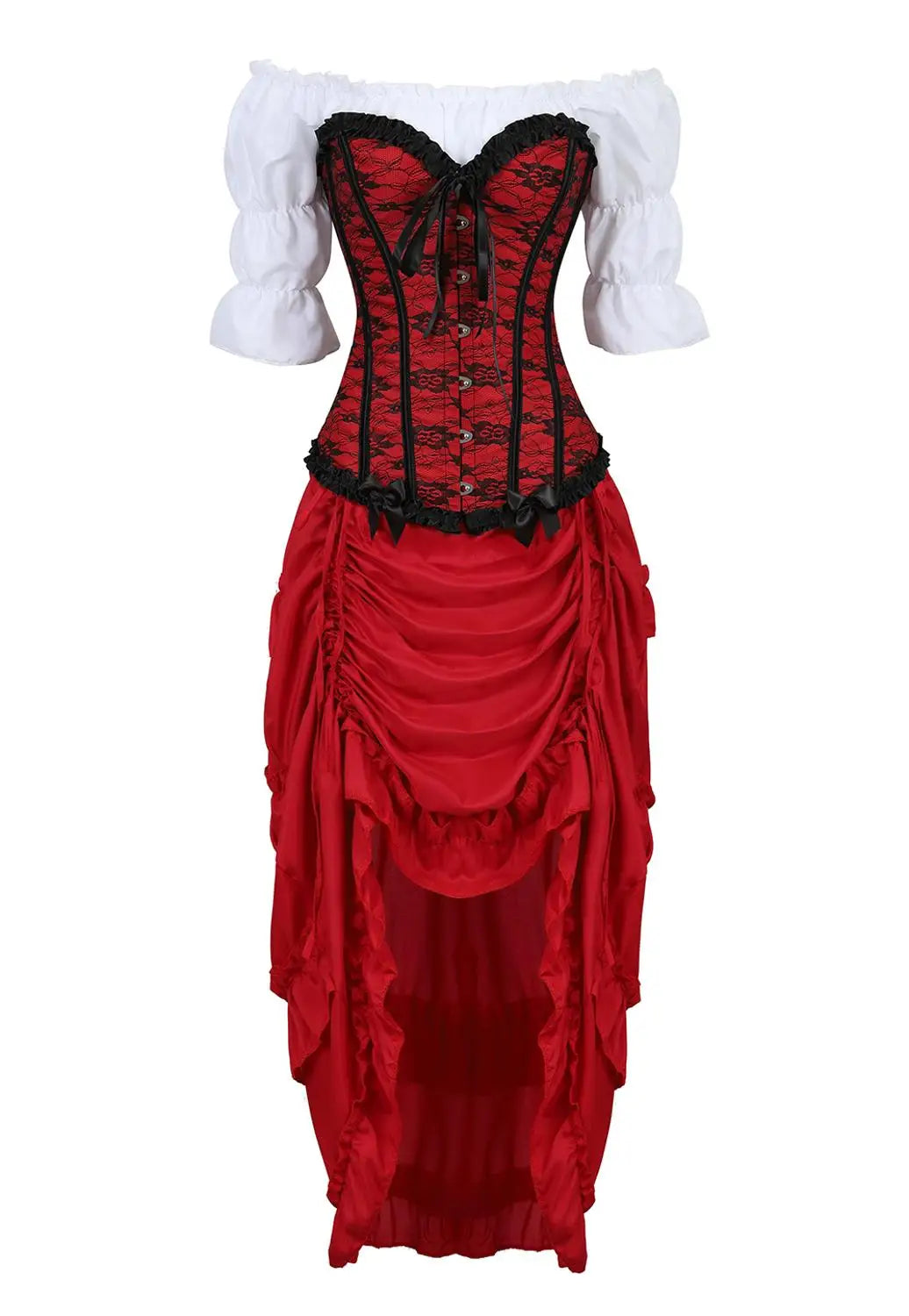 maoxiangshop - Corset 3 Piece Outfits for Women Steampunk Renaissance White Blouse Set Carnival Party Lace Up Boned Bustiers with Pirate Skirt