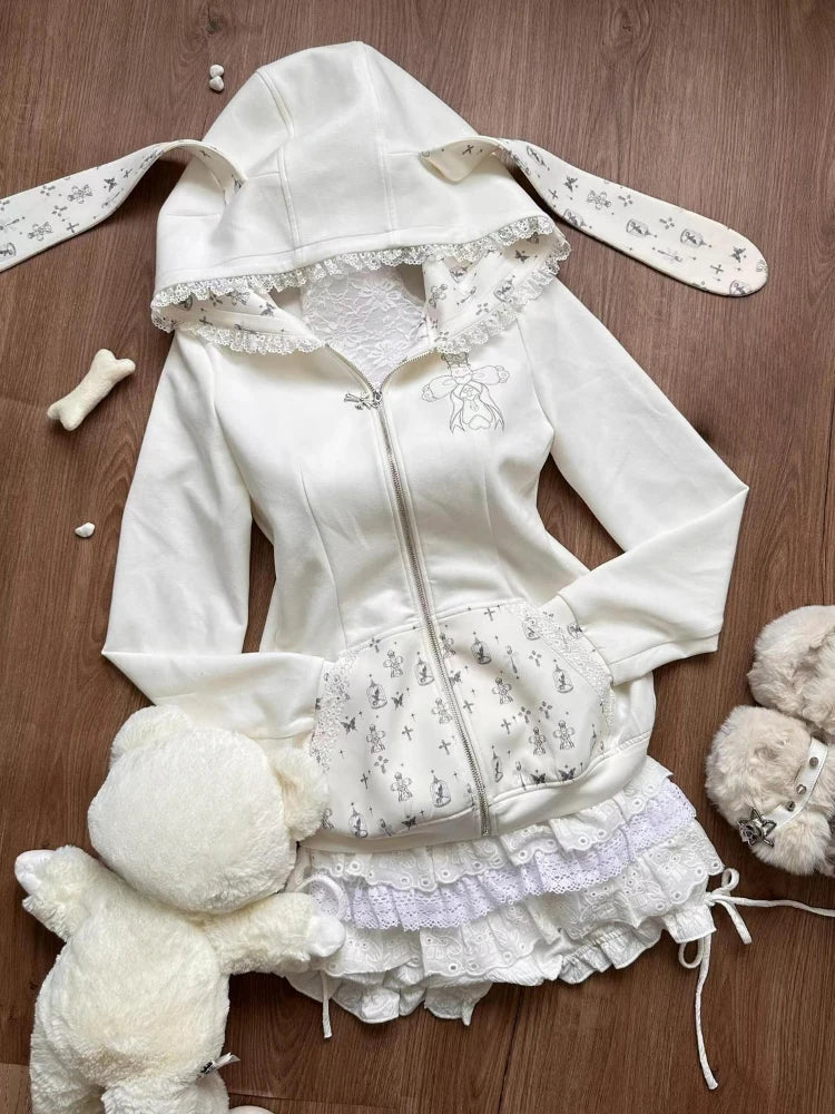 maoxiangshop - Korean Cute 2 Pieces Set Y2K Aesthetic Cartoon Patchwork Lace Rabbit Ears Hoodies + Bandage Lace Mini Cake Skirts Fairy Outfits