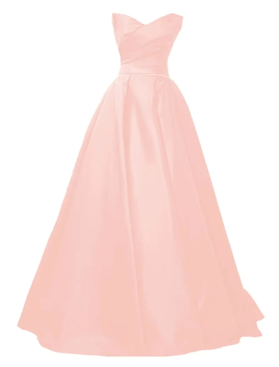 maoxiangshop Elegant A-Line Strapless Satin Evening Dresses for Women Sweetheart Neck Back Lace-up Floor Length Prom Gowns with Pleat