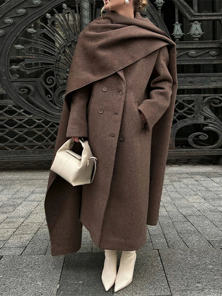 maoxiangshop - Brown Woolen Women Coats With Scarf Loose Full Sleeve Double Breasted Long Overcoat 2024 Autumn Lady High Street Outwear