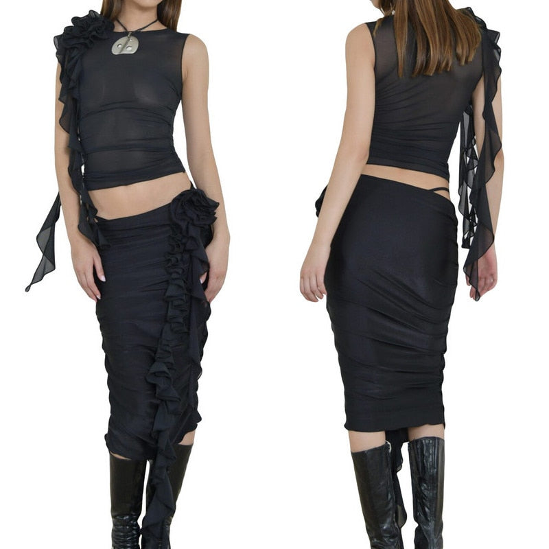maoxiangshopTwo Piece Skirt Set Women's Suit y2k Clothes Summer Sexy Outfit Cropped Top and Split Skirt Chic Elegant Female Clothing