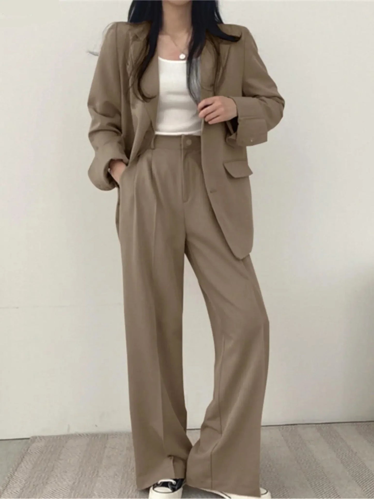 Korean Office Lady Fashion Blazer Suit Women's Two-Piece Set Casual Button Jacket Wide Leg Pants Outfits Work Clothes Autumn New