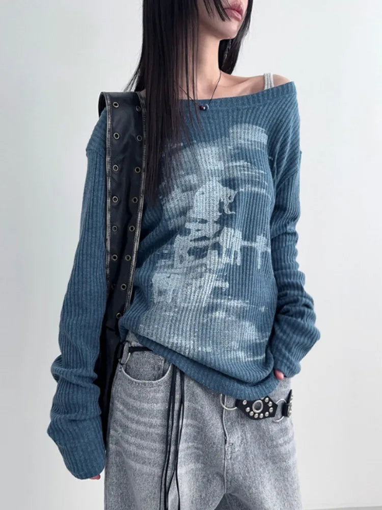 maoxiangshop - Autumn Harajuku Women Printing Tees Vintage Streetwear Grunge Skew Collar Tops Y2k Aesthetic Loose Casual Hiphop Vintage Tops