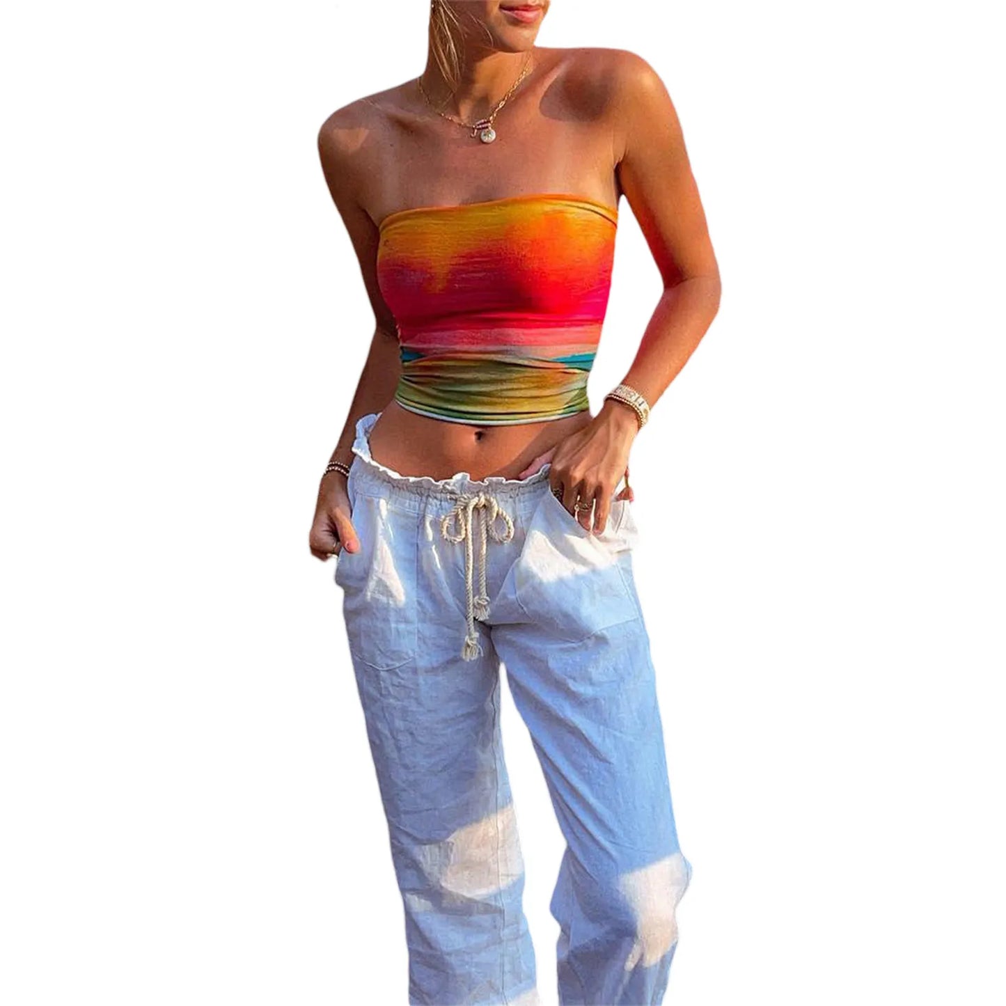 maoxiangshopCombhasaki Women American Retro Y2K Hotsweet Wrap Chest Tube Tops Tie-dye Strapless Tank Tops Summer Backless Bandeau Crop Tops