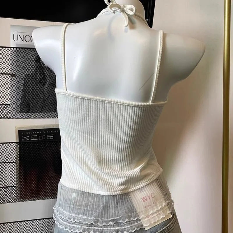 maoxiangshop White Lace Bow Tank Top Female Corset Women Halter Strap Basic Cute Female Sleeveless Mesh Shirt Korean Style Trend 2024 Summer