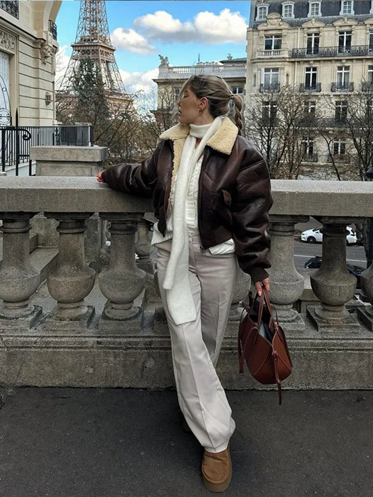 maoxiangshop - Chic Long Sleeve Lapel Double Side Motorcycle Coat Fashion Warm Pocket Zipper Jackets Autumn Winter Woman High Street Coats