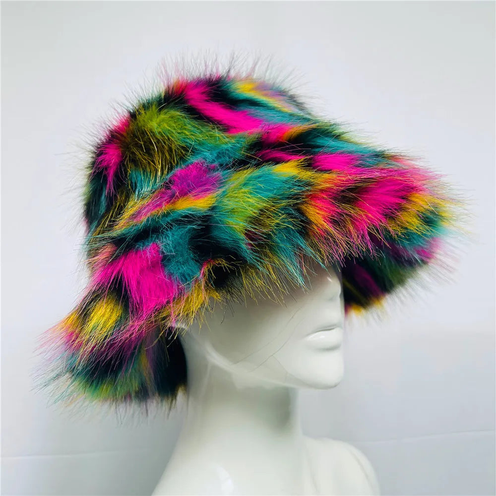 maoxiangshop - Luxury Ins Hot Y2k Girls Faux Fox Fur Bucket Hat Women Winter Warm Rabbit Fur Plush Fisherman Hat Cap Festival Party Ski Panama