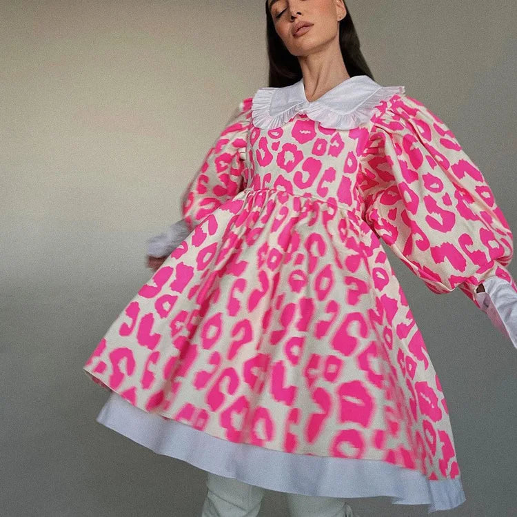 maoxiangshop - Women Vintage Printed Mini Dress Autumn New Fashion Long Sleeve Dresses High Waist Printed A- Line Doll Collar Poncho Dress