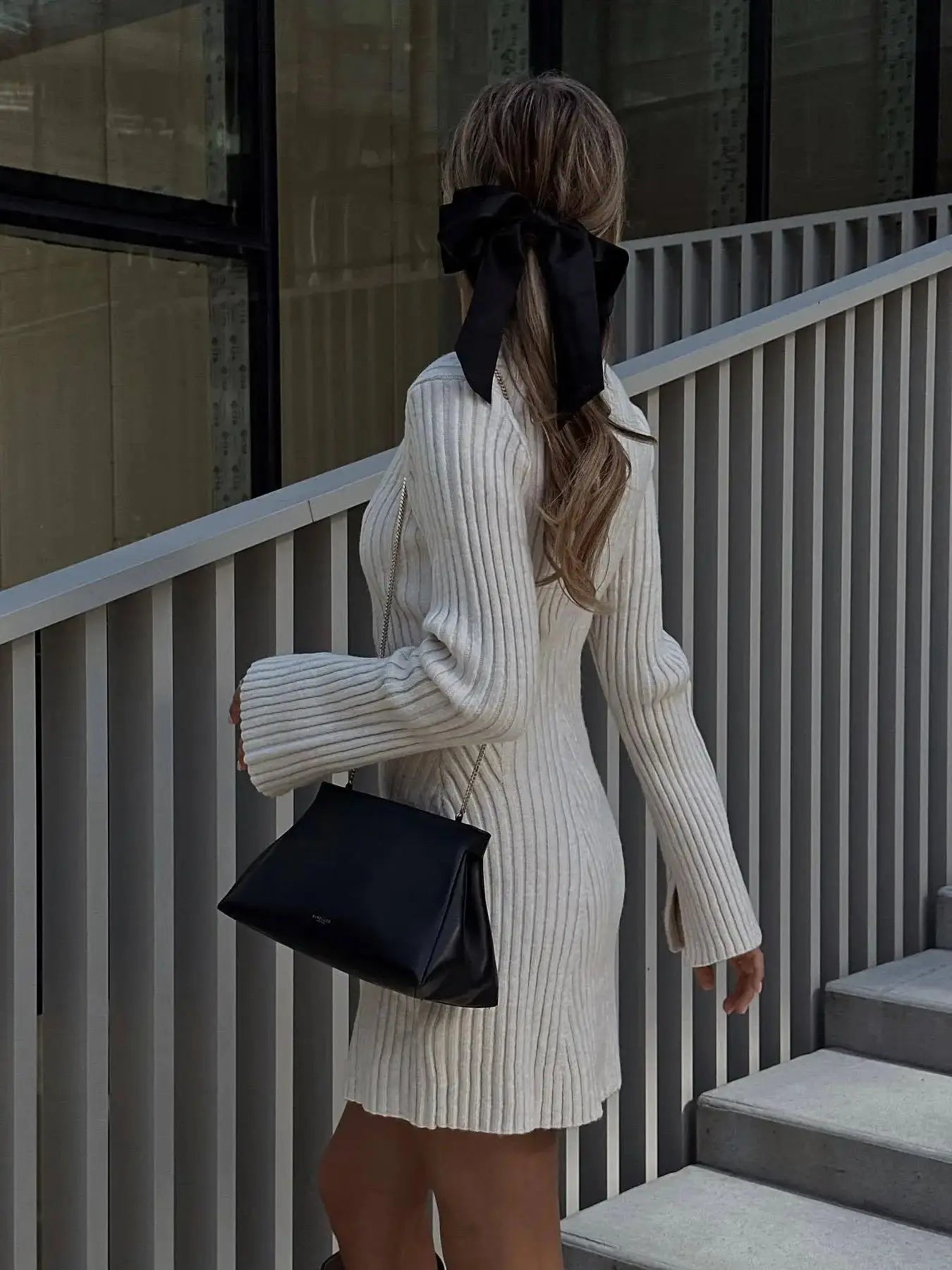 maoxiangshop - White Knitted Women Dress 2024 Winter Black Long Sleeve Mini Sweater Dress Ladies Elegant Pleated Knit Party Dress Knitwear