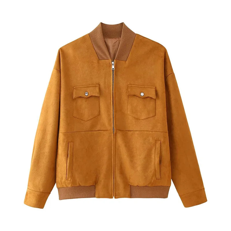 maoxiangshop - Women Patchwork Suede Jackets Long Sleeve Pocket Zipped Stand Coats 2024 Autumn Winter New Fashion Commuting Top Outerwears