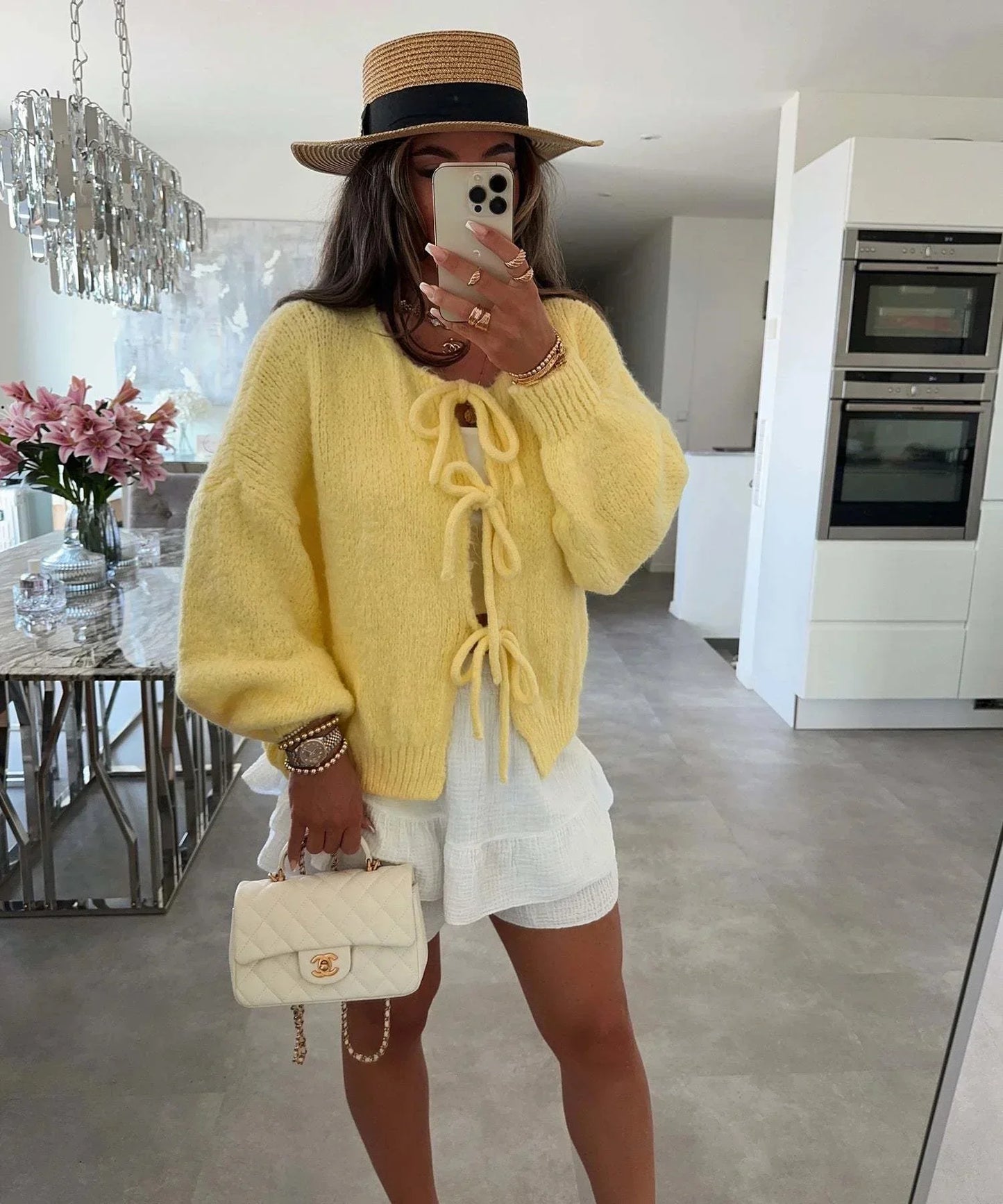 maoxiangshop - Fashion Lace Up Bow Knitted Cardigan Woman O Neck Long Sleeve Hollow Out Sweater Coat Autumn Female Casual High Street Knitwear