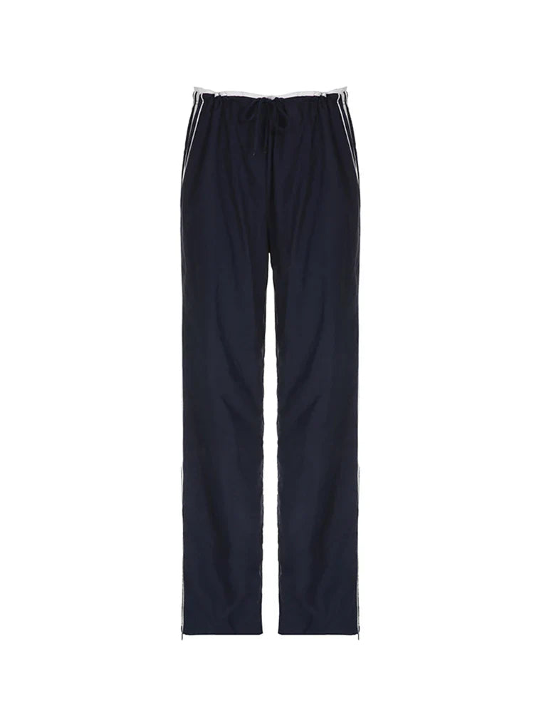 Sweetown Side Zipper Split Contrast Stripe Loose Casual Women Straight Leg Pants Y2K Baggy Trousers