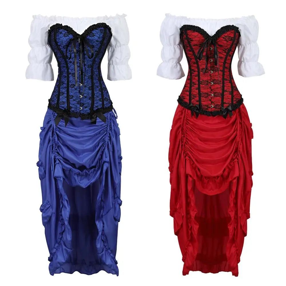 maoxiangshop - Corset 3 Piece Outfits for Women Steampunk Renaissance White Blouse Set Carnival Party Lace Up Boned Bustiers with Pirate Skirt