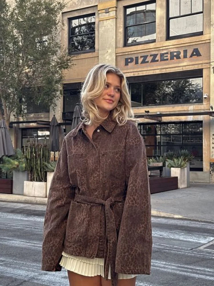 maoxiangshop - Leopard Jacket Women Lace up Lapel Autumn Coffee Print Women's Shirts Pockets Loose Casual Outerwears Female High Street Hipster