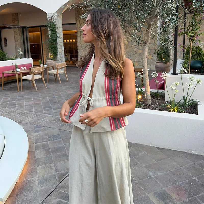 maoxiangshop - Casual Printed Lace Up Vest Skirt Sets For Women V-neck Sleeveless Pleated Top Loose Solid Skirts Suit 2024 Autumn Lady Outfits