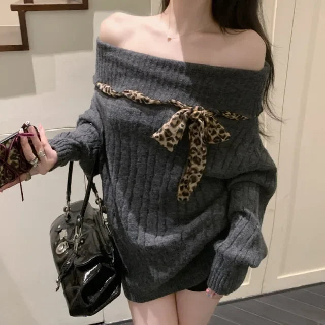maoxiangshop - 2024 Autumn Woman's Tops Sweet Korean Bow Harajuku Soft Sweater Pullover Y2K Off The Shoulder Fashion Casual Loose Knitwear Top