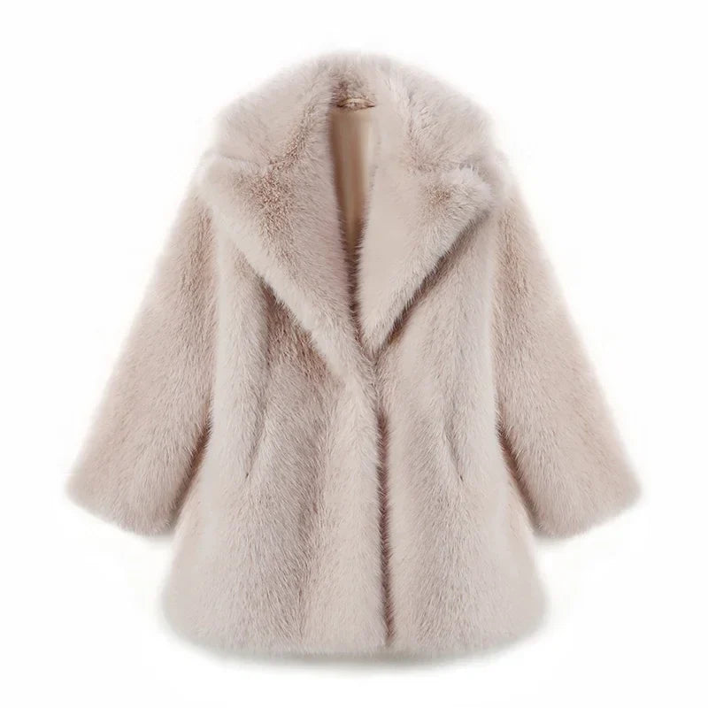 maoxiangshop - Lapels Faux Fur Coat Women 2024 Winter Brand Designer Fluffy Fox Fur Jacket Luxury Furry Overcoats Girl Stylish Long Outerwear
