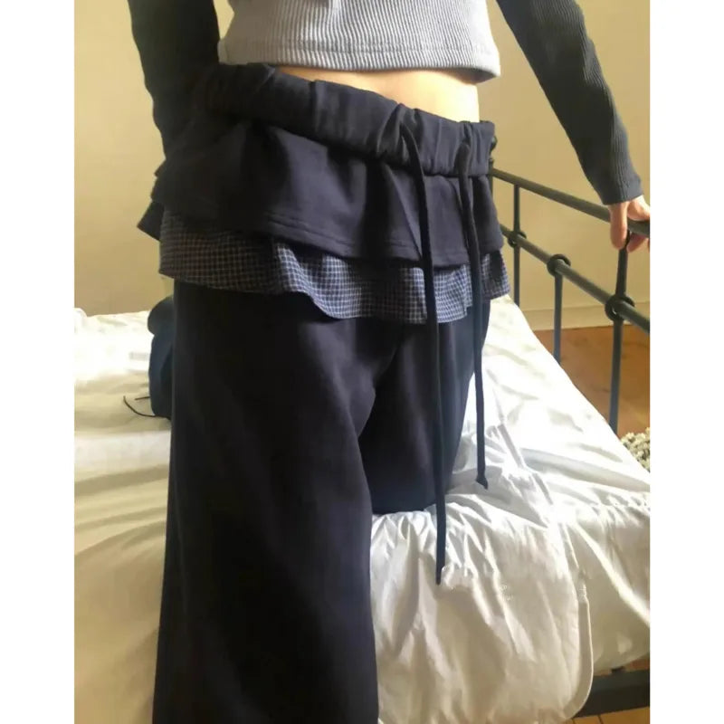 maoxiangshop - Y2k Vintage Skirt Pants Women Winter Japanese Harajuku Casual Cute Plaid Patchwork Elastic Waist Baggy Trousers New Pantalones