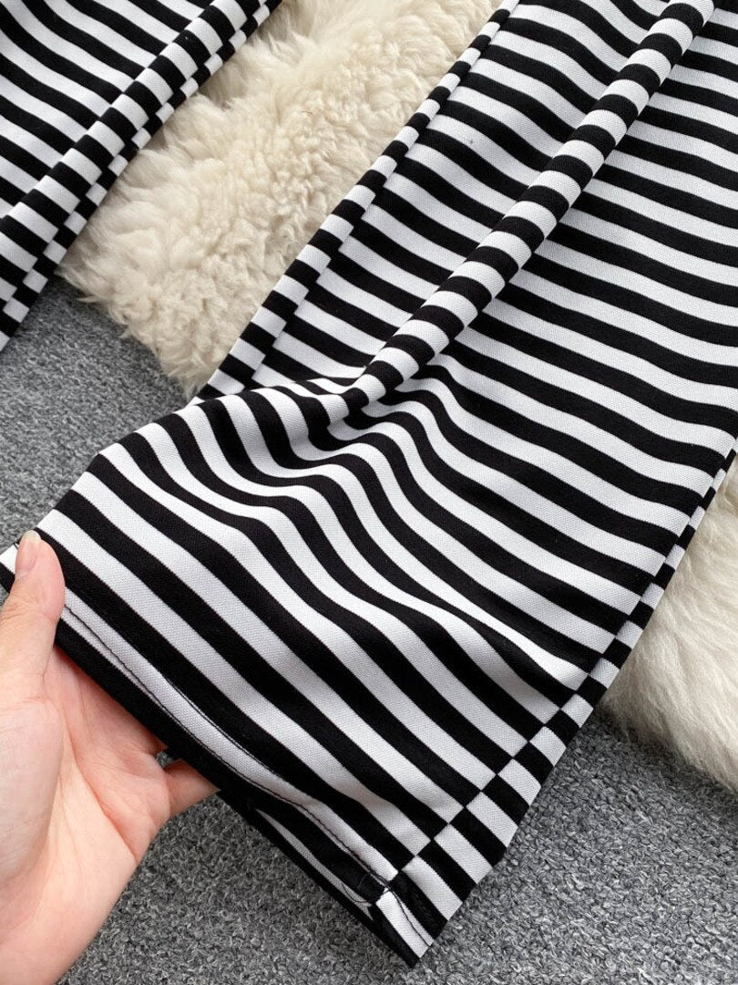 maoxiangshop White and Black Striped Long Pants Women New Retro Style Lace-up Elastic Waist Hole Wide Leg Casual Full Length Trousers