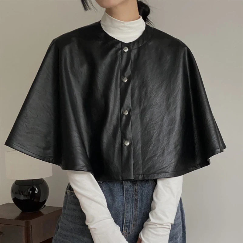 maoxiangshop - Solid Color Leather Women's Cloak Shawl Fashion Round Neck Single Breasted Short Tops Autumn Casual Loose Retro Women Jacket