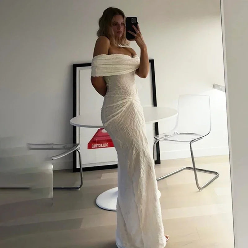 maoxiangshop - Elegant Textured One-shoulder Ruched Dress For Women Autumn New Sleeveless Tube Top Maxi Dress Lady Holiday Party Clothes