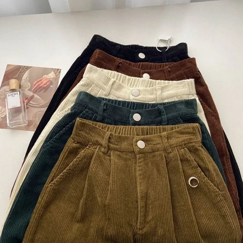 maoxiangshopRetro High Waist Corduroy Pants Women Spring Fall Straight Causal Full Length Trousers Korean Fashion Baggy All Match Black Pant