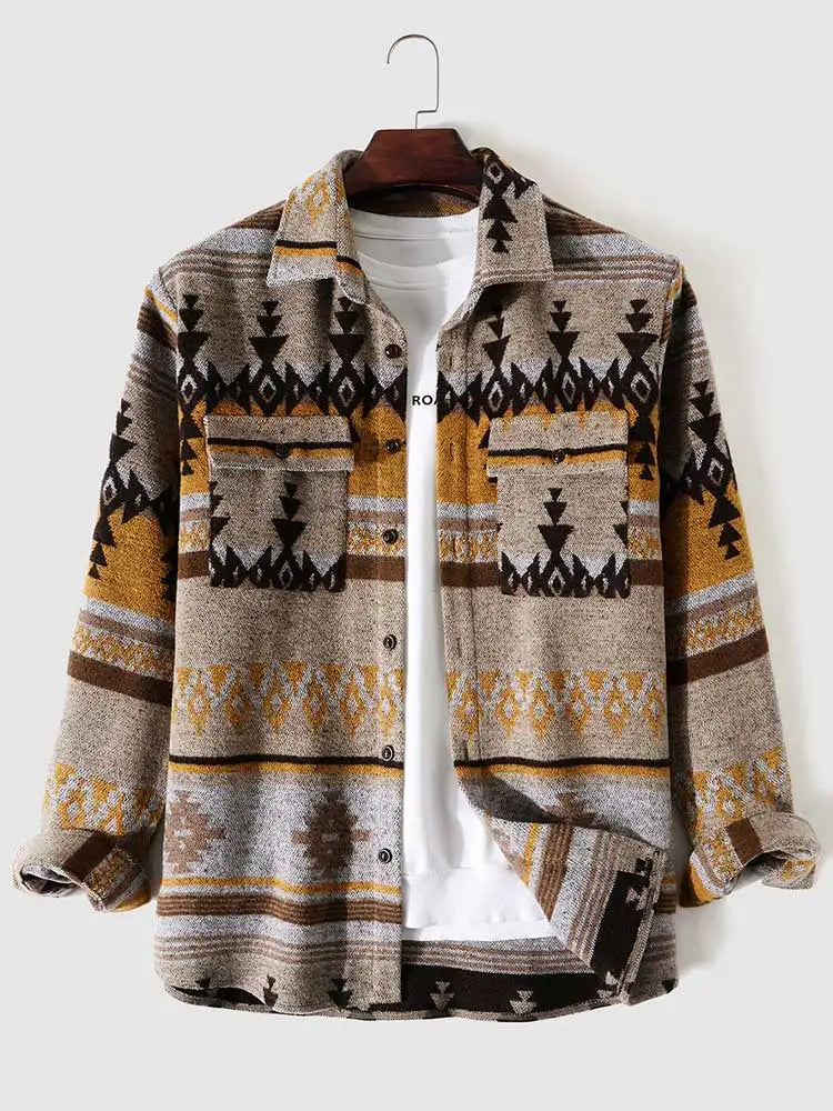maoxiangshop Men's Shirts Tribal Geometric Pattern Blend Wool Long Sleeve Warm Shirt Coat Vintage Clothes Shacket Autumn Winter Blouse