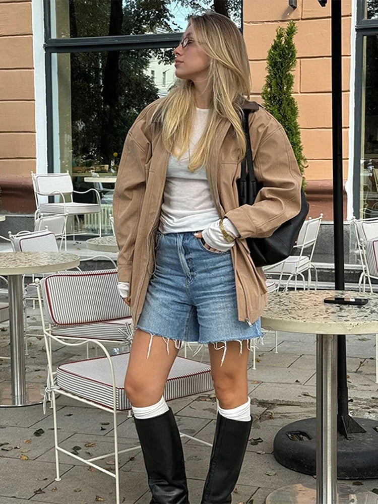 maoxiangshop - Casual Leather Lapel Jackets Women Vintage Khaki Zipper Pockets Jacket Coat Female Autumn Winter Chic High Street Outwear