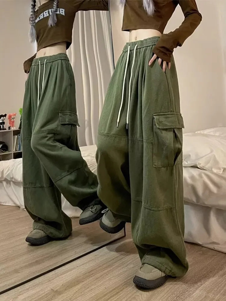 Korean Y2K Fashion Drawstring Casual Baggy Cargo Jeans Pants Women Clothing Straight Wide Leg Sweatpants Female Trousers