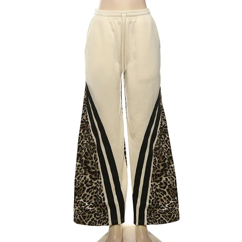maoxiangshop - Stripe Leopard Patchwork Women Flare Pants 2024 Autumn Drawstring High Waist Loose Casual Streetwear Trousers Female Sweatpants
