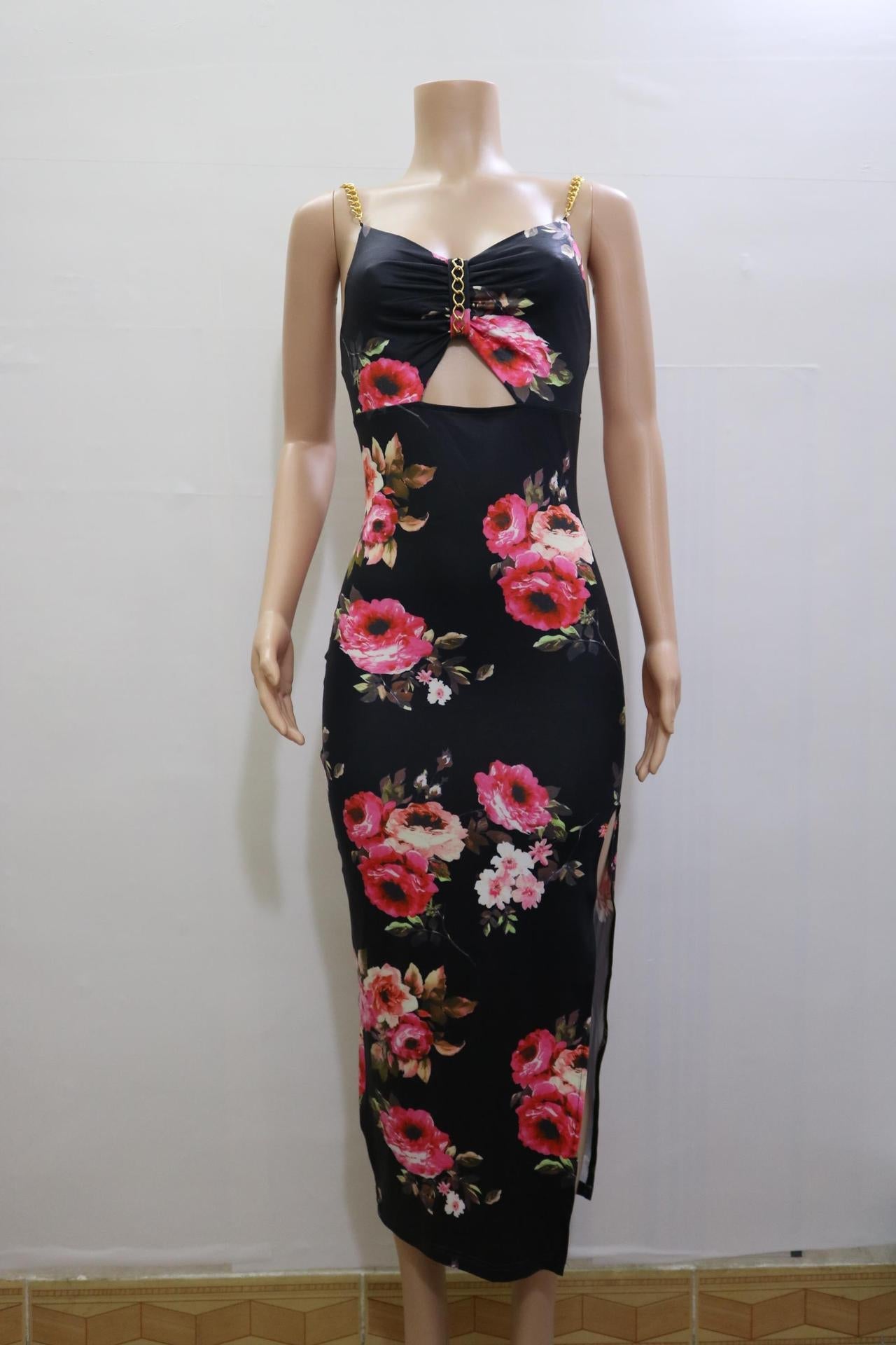 maoxiangshop Sexy Spaghetti Strap Backless Floral Midi Bodycon Dress Women Summer Black Metal Chain Party Long Dresses For Women