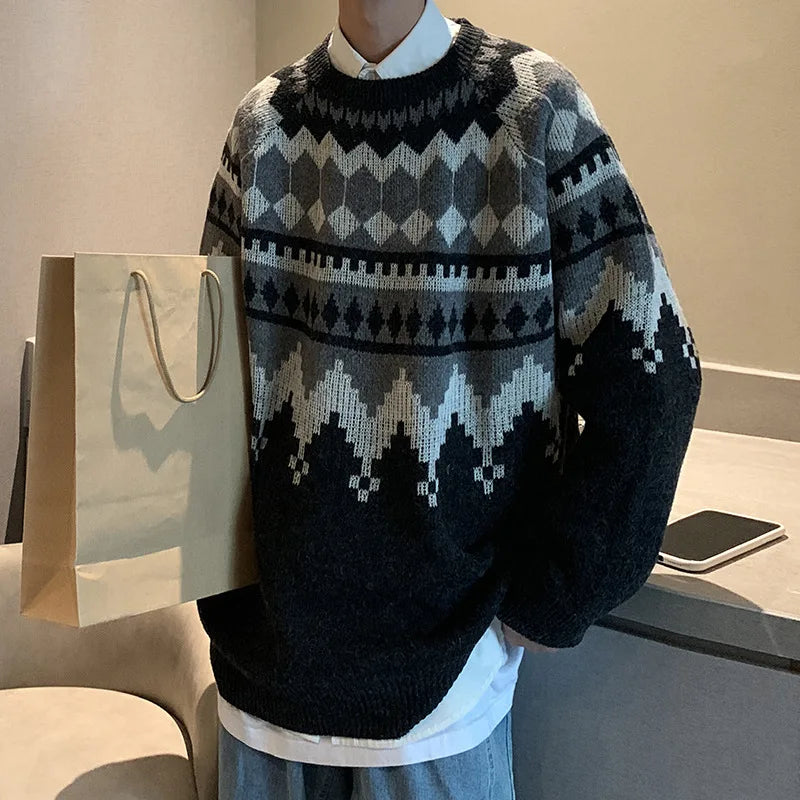 maoxiangshop Mens Sweater Vintage Pullover Turtleneck Casual Sweaters for Men Clothing Geometry Pullovers Casual Free Shipping Male Clothes