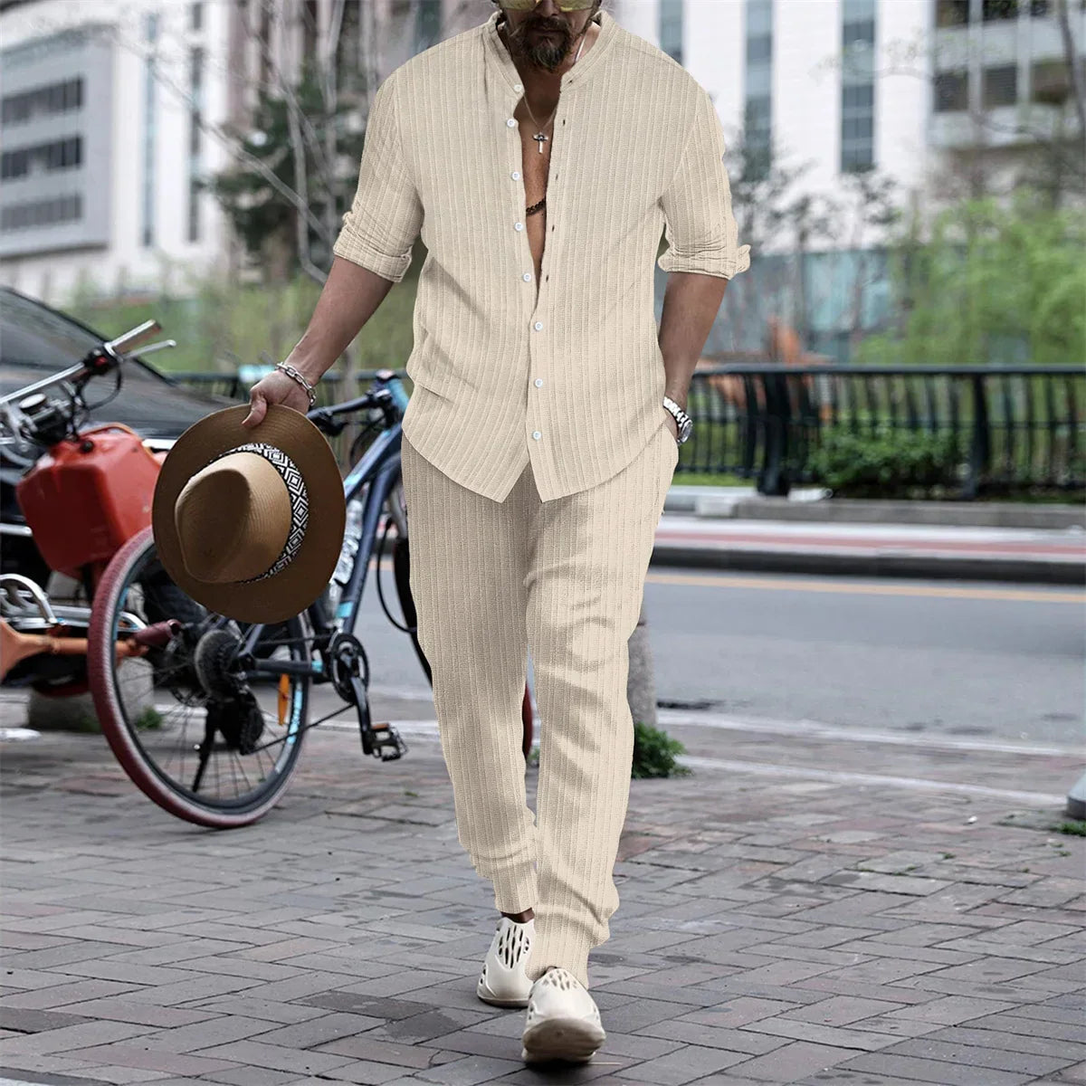 maoxiangshop Autumn Casual Simple Style Mens Sets Long-shirts Long Pants Solid All-match Henry Collar Striped Two-piece Sets S-3XL