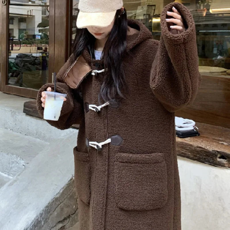 maoxiangshop - Casual Fluffy Lamb Wool Long Coats Women Warm Loose Horn Button Pockets Solid Coat Female Winter Elegant Chic Streetwear