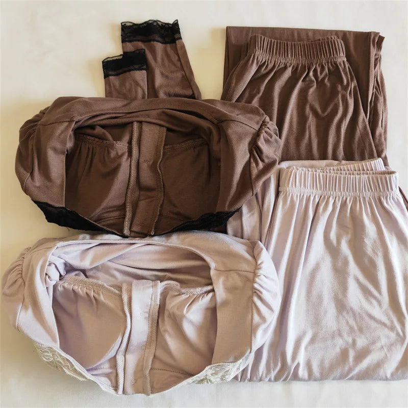maoxiangshop - Modal Comfort Padded Top Pajamas For Women Autumn Spring Sweet Casual Lace Trim Long Sleeve Slim T-shirts + Wide Leg Pant Sets