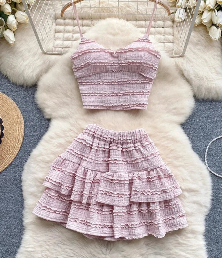 maoxiangshop Sweet Ruched Two Pieces Sets V Neck Strap Crop Tops+Short Pleated Skirt Women Korean Style Chic Summer Beachwear Suits