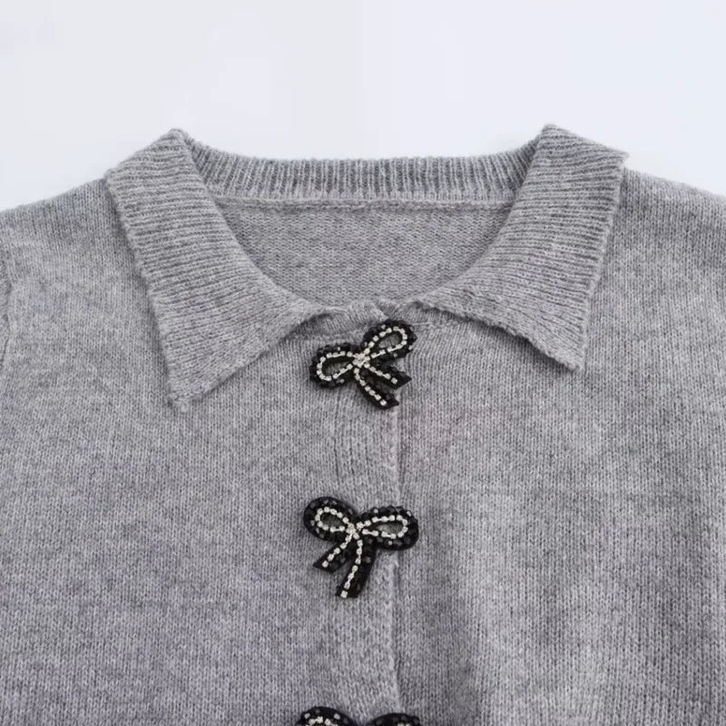 maoxiangshop - Fashion Bow Cropped Knitted Cardigan Women Ribbed Coat Long Sleeve Button Short Sweaters Women 2024 Autumn Knitwears Jacket Top