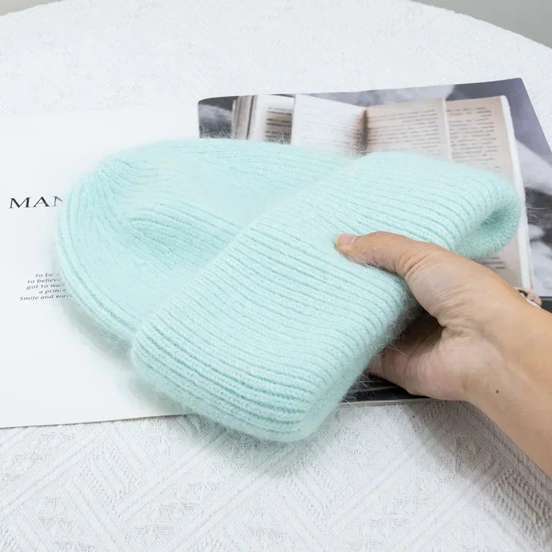maoxiangshop 21colors Autumn Angola Rabbit Fur Knitted Beanies Winter Skullies Women's Hat Fashion Solid Warm Cashmere Wool Three Fold Thick